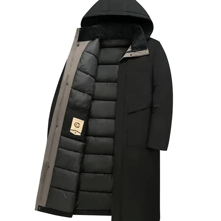 Black hooded longline puffer coat unzipped showing grey trim and padded lining
