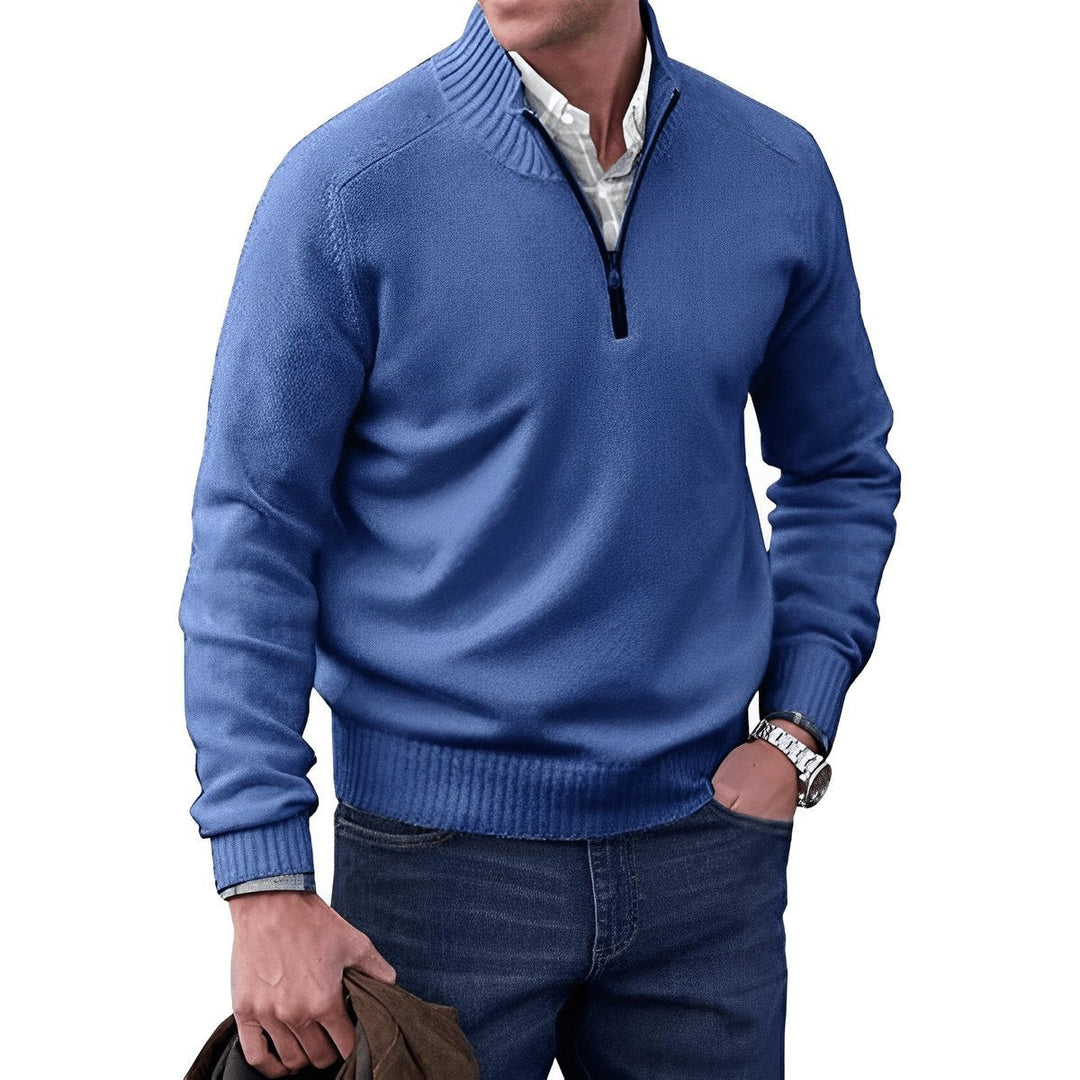 Denim blue quarter-zip pullover sweater with ribbed collar