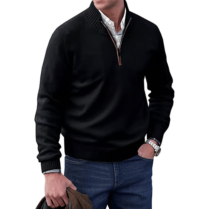 Black quarter-zip pullover sweater with contrast zip trim