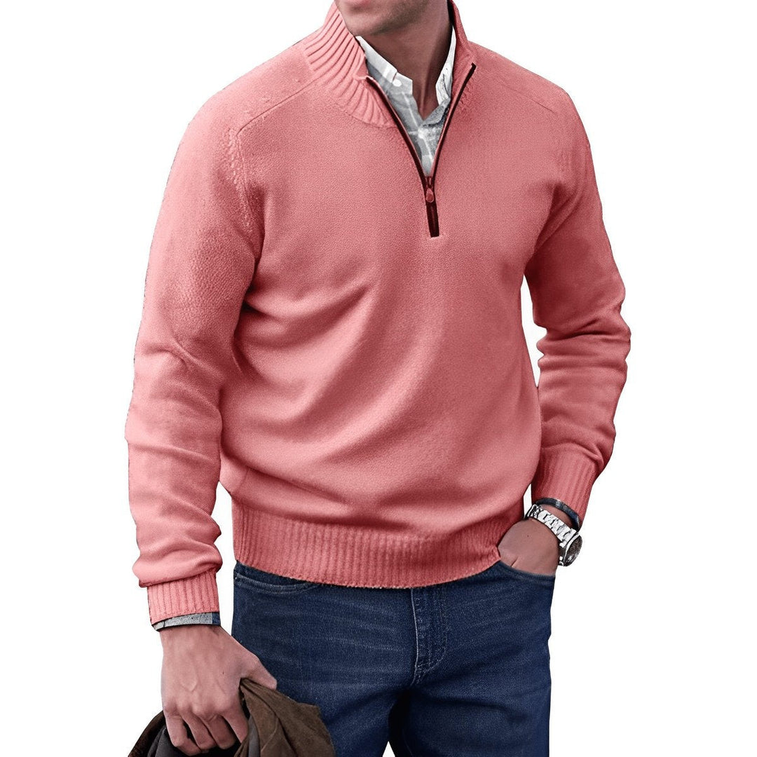 Coral pink quarter-zip knit pullover with ribbed collar