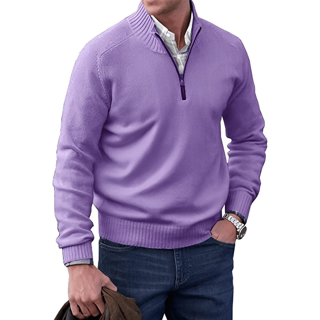 Lilac quarter-zip jumper with ribbed cuffs and hem