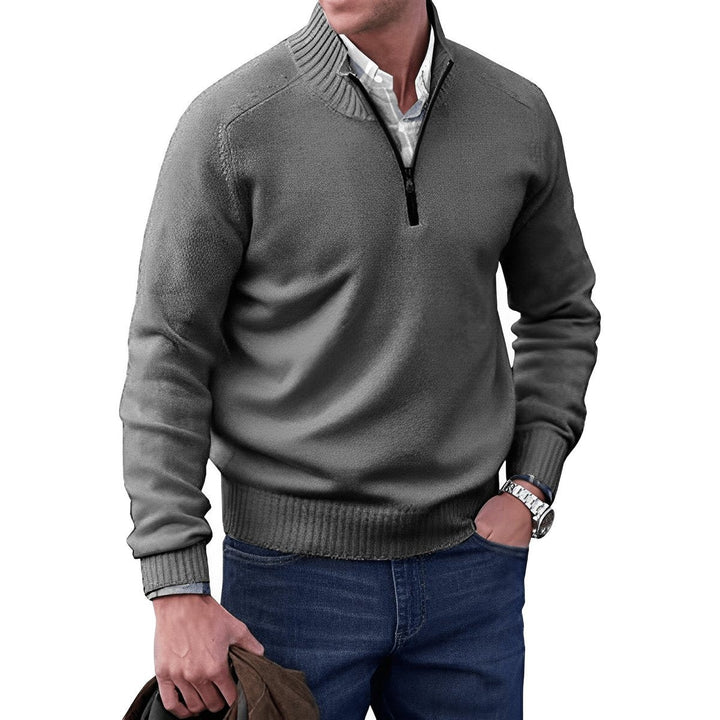 Charcoal grey quarter-zip pullover knit with contrast zip