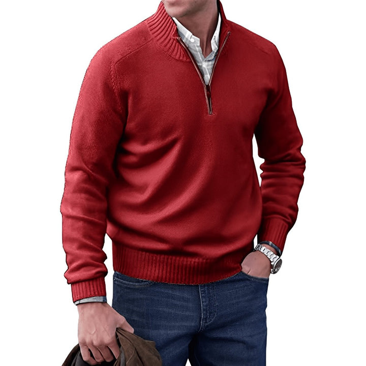 Rust red quarter-zip knit jumper with ribbed detailing