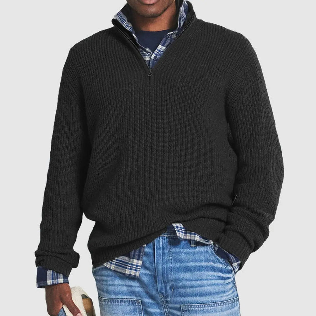 Charcoal knit quarter-zip jumper with mock neck styled over checked shirt