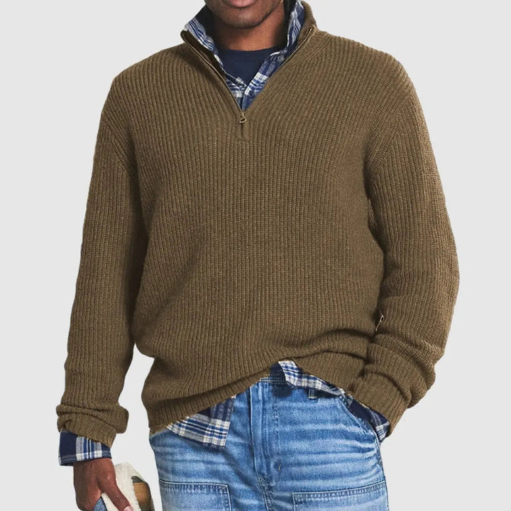 Olive brown ribbed quarter-zip jumper with mock collar over checked shirt