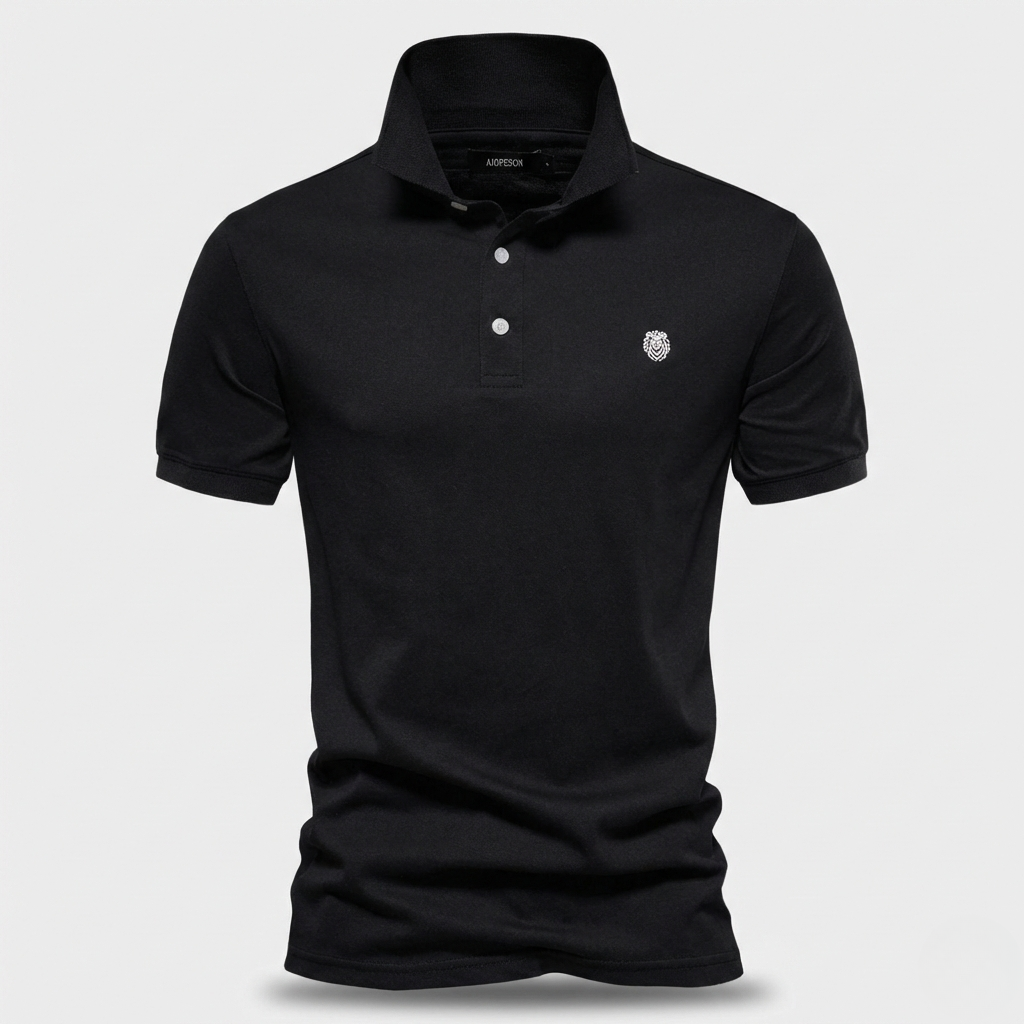 Black short-sleeve polo shirt with embroidered lion crest logo