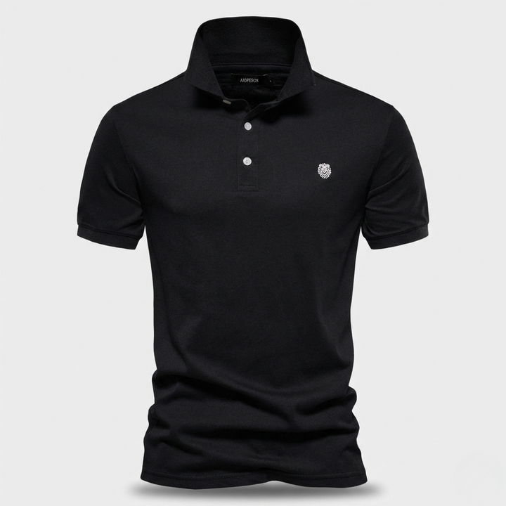 Black short-sleeve polo shirt with embroidered lion crest logo