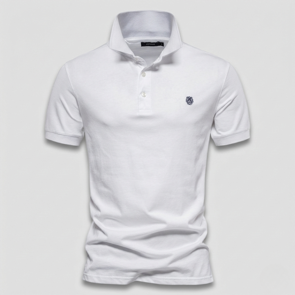 White short-sleeve polo shirt with navy embroidered crest detail