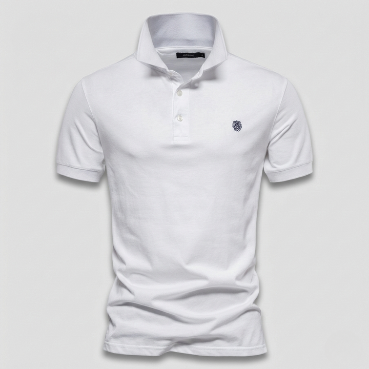 White short-sleeve polo shirt with navy embroidered crest detail