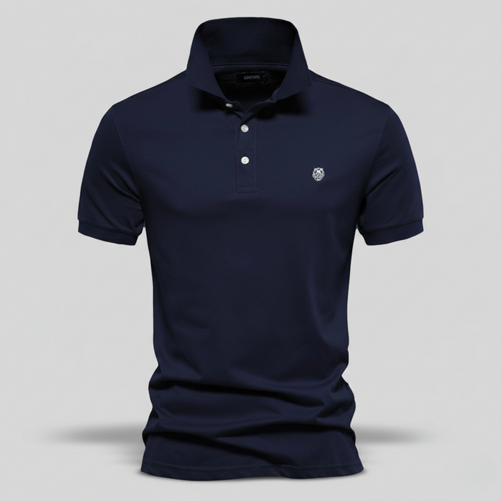 Navy short-sleeve polo shirt with subtle embroidered chest logo