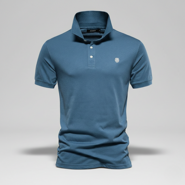 Teal blue short-sleeve polo shirt with classic ribbed collar