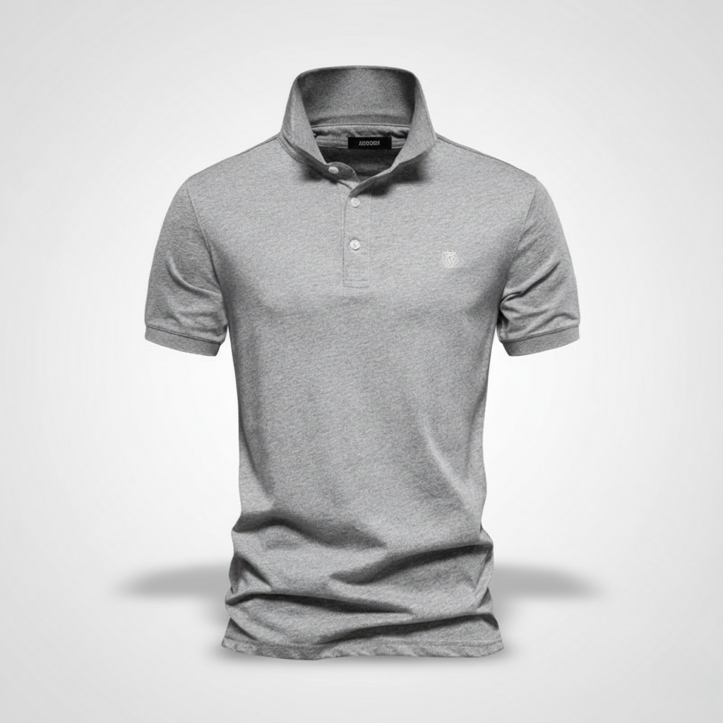 Grey marl short-sleeve polo shirt with embroidered crest emblem
