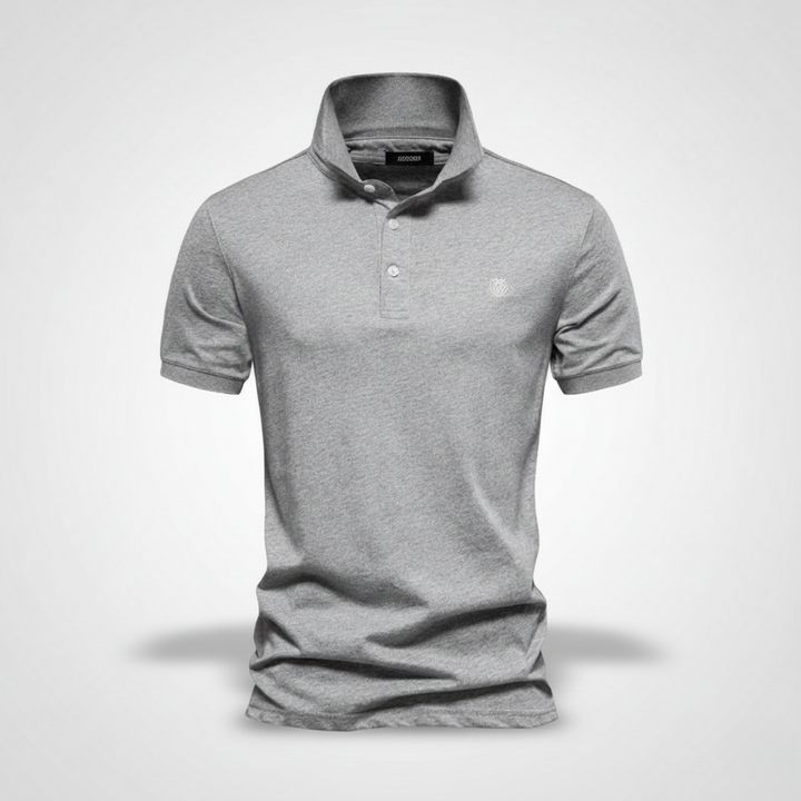 Grey marl short-sleeve polo shirt with embroidered crest emblem