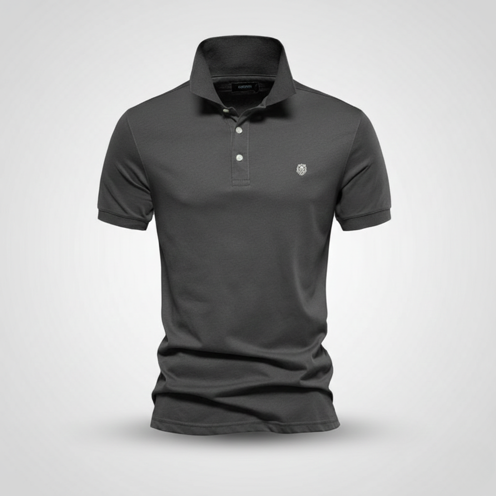 Charcoal grey short-sleeve polo shirt with button placket detail