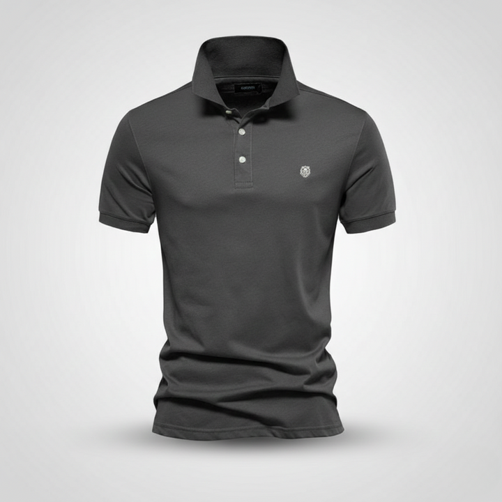 Charcoal grey short-sleeve polo shirt with button placket detail