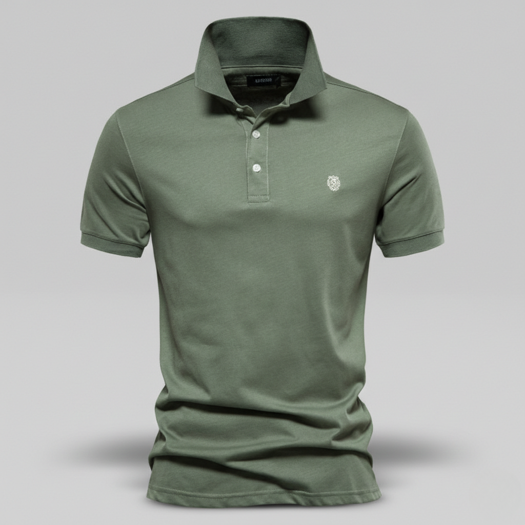 Olive green short-sleeve polo shirt with embroidered lion crest