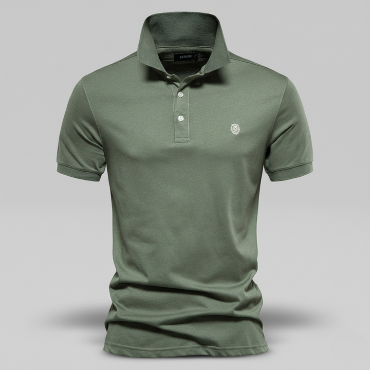 Olive green short-sleeve polo shirt with embroidered lion crest