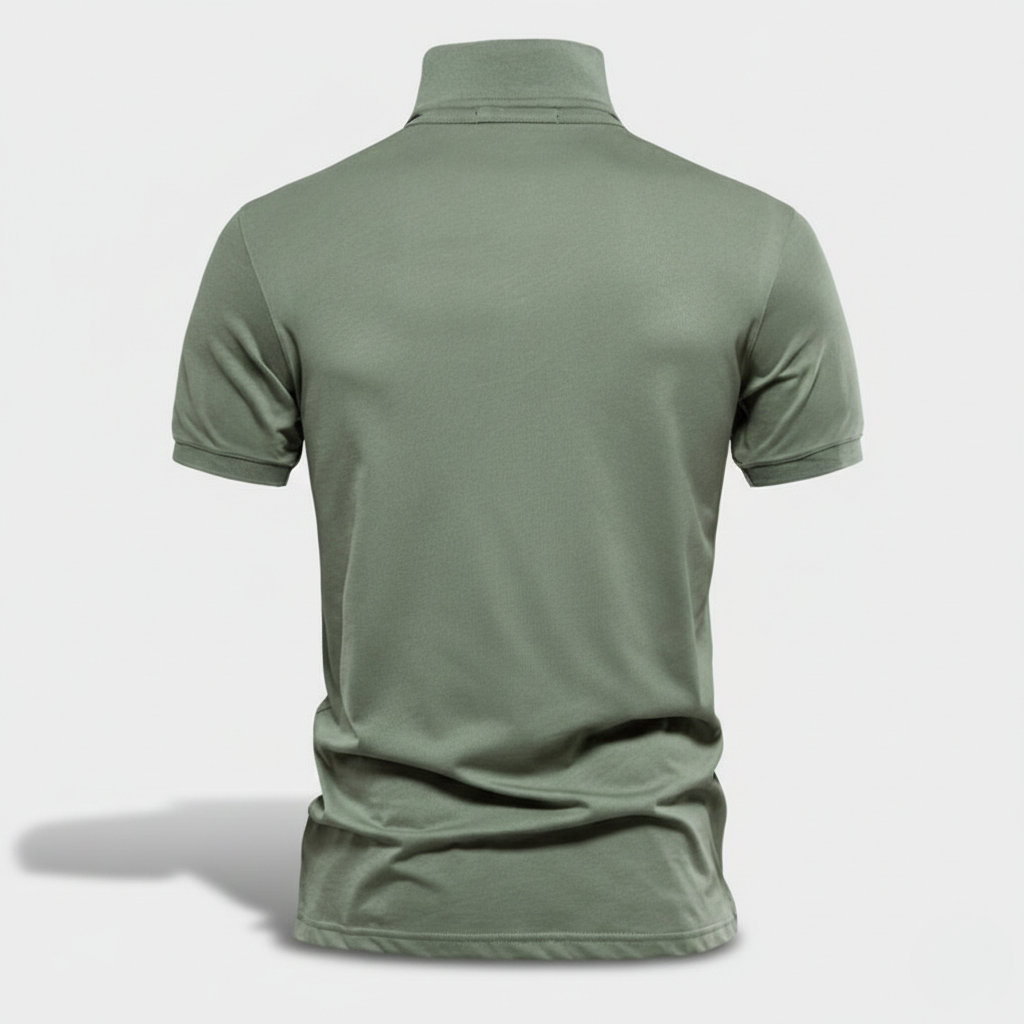 Rear view of olive green short-sleeve polo shirt showing fit