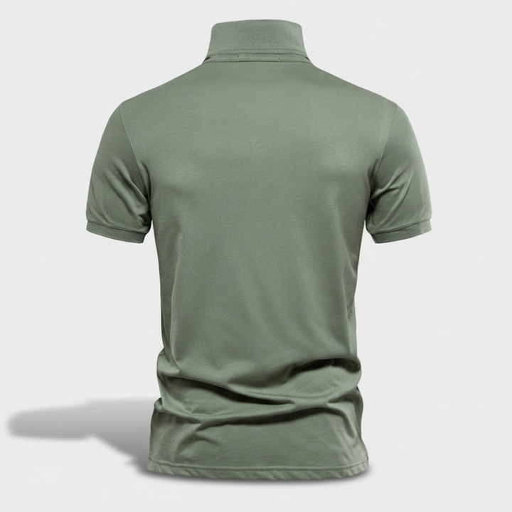 Rear view of olive green short-sleeve polo shirt showing fit