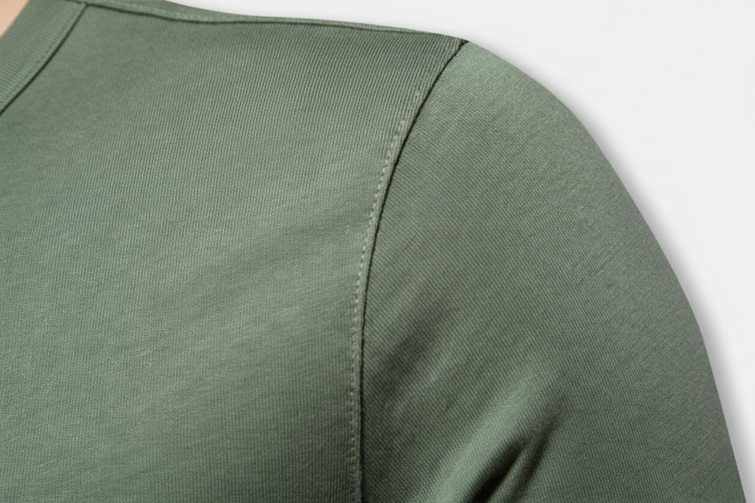 Close-up of olive green polo shirt fabric and shoulder seam