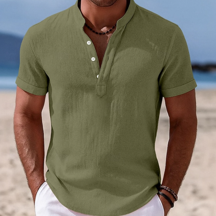 Olive green short-sleeve linen shirt with grandad collar and button placket