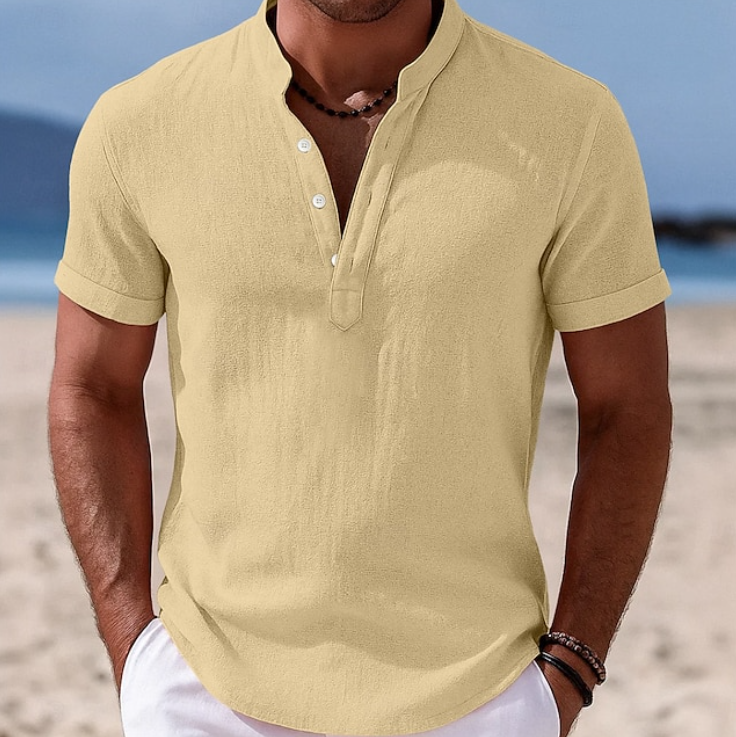 Pale yellow linen-blend shirt with stand collar and rolled short sleeves