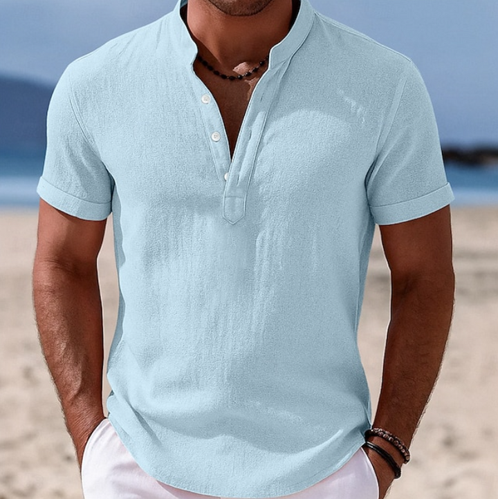 Light blue short-sleeve linen shirt with stand collar and button placket