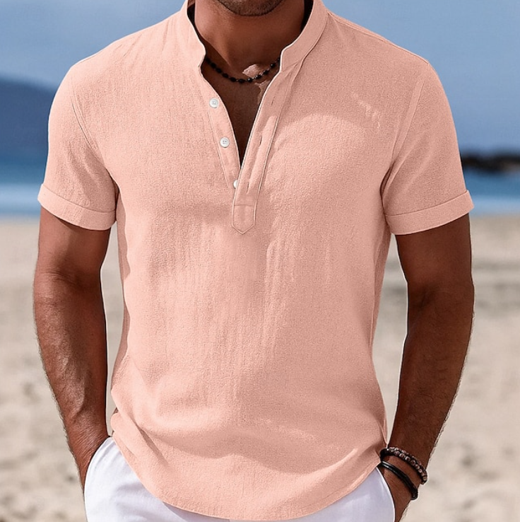 Pale pink short-sleeve shirt with button placket and stand collar, beachwear style