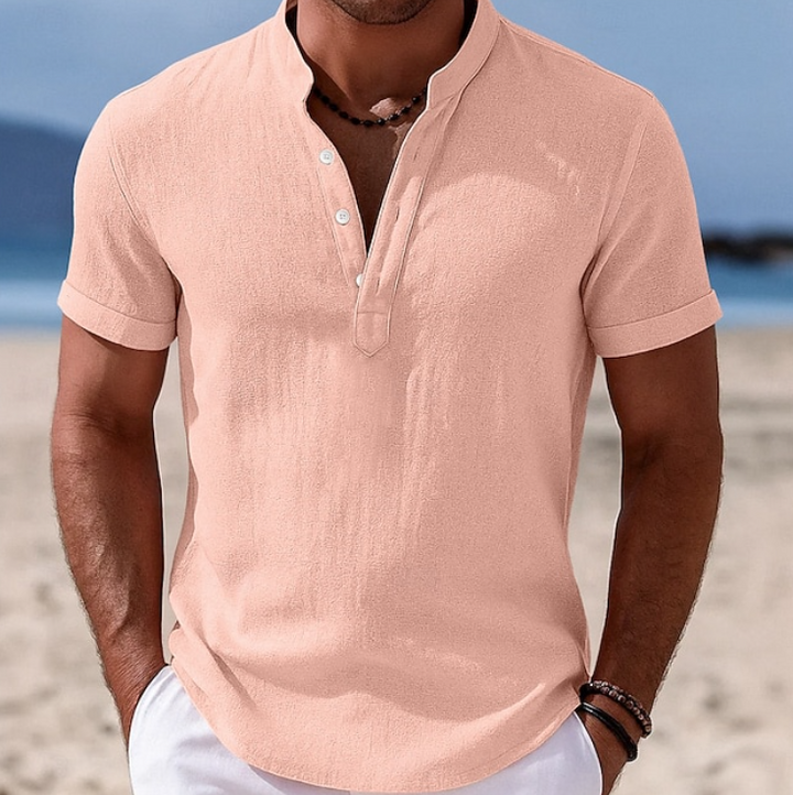 Pale pink short-sleeve shirt with button placket and stand collar, beachwear style