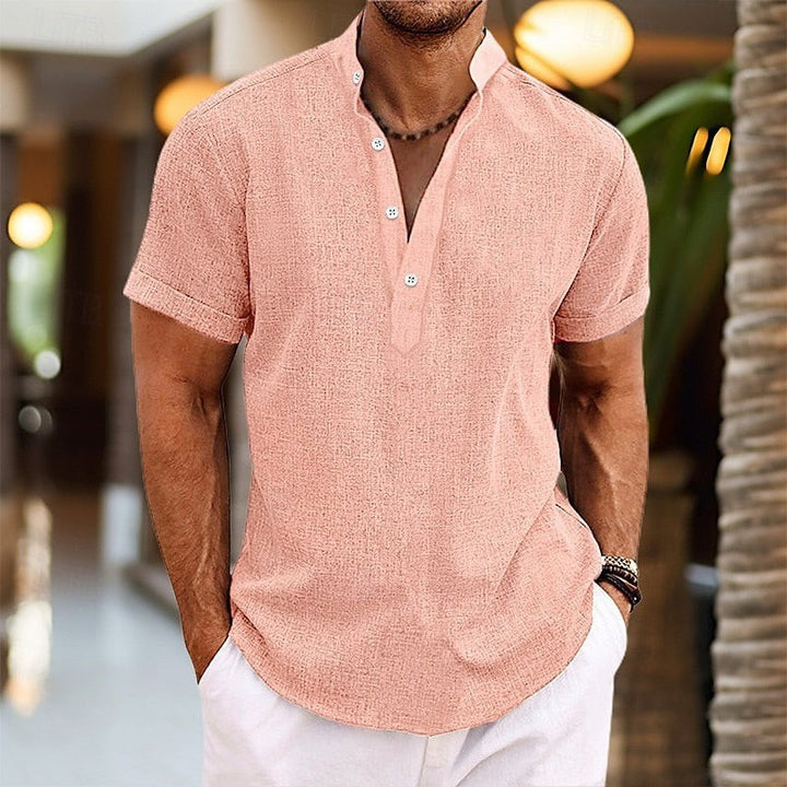 Men's coral pink linen-look Grandad collar shirt with short sleeves
