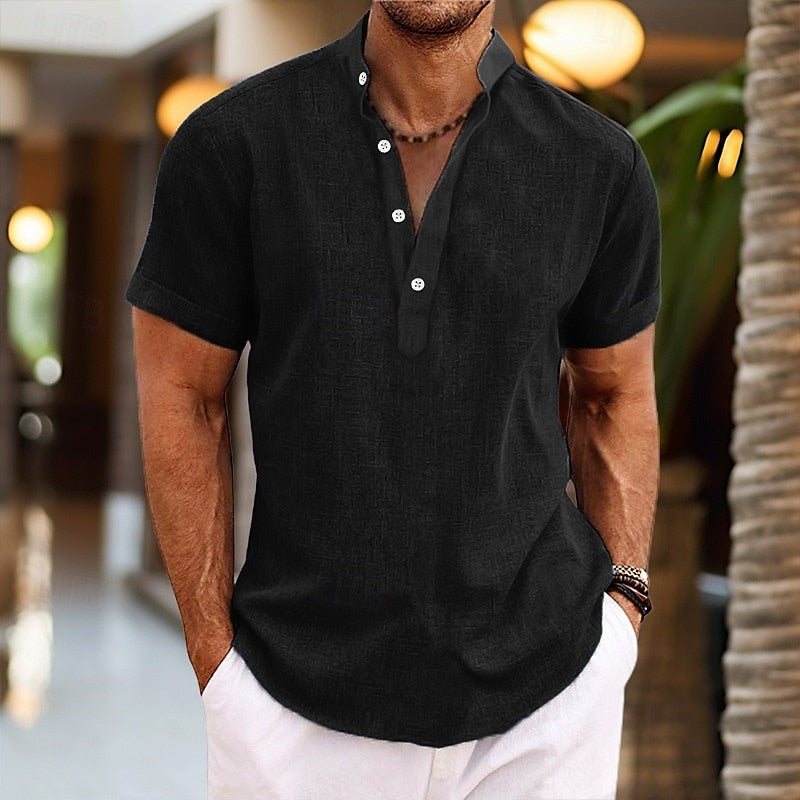Black textured band collar shirt worn with short sleeves, men's style