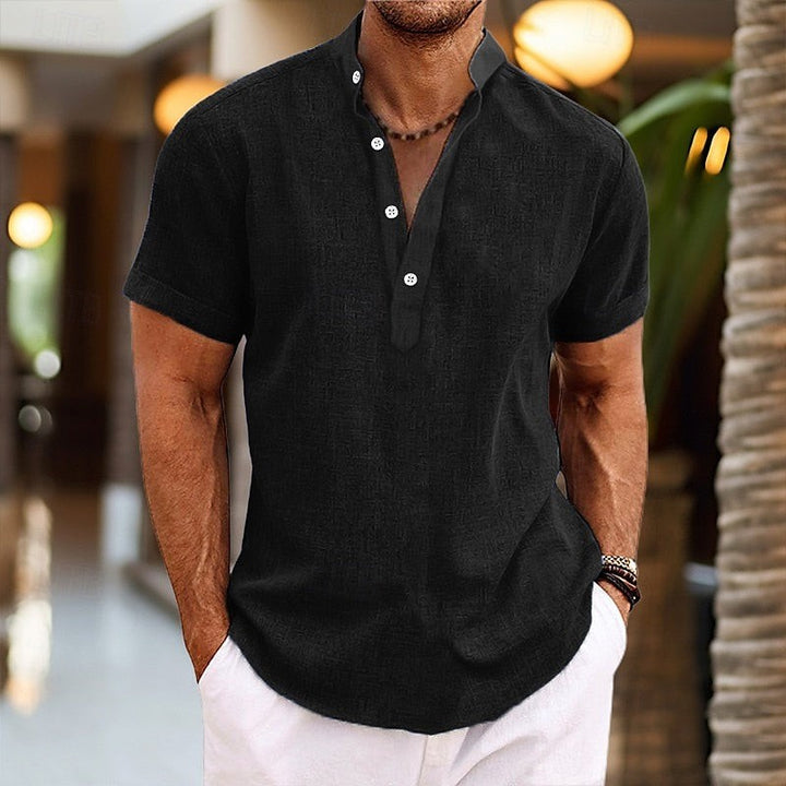 Black textured band collar shirt worn with short sleeves, men's style
