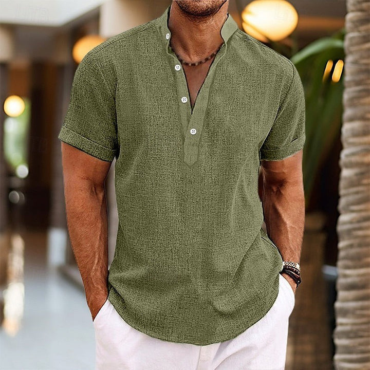 Olive green linen-look shirt featuring short sleeves and Grandad collar