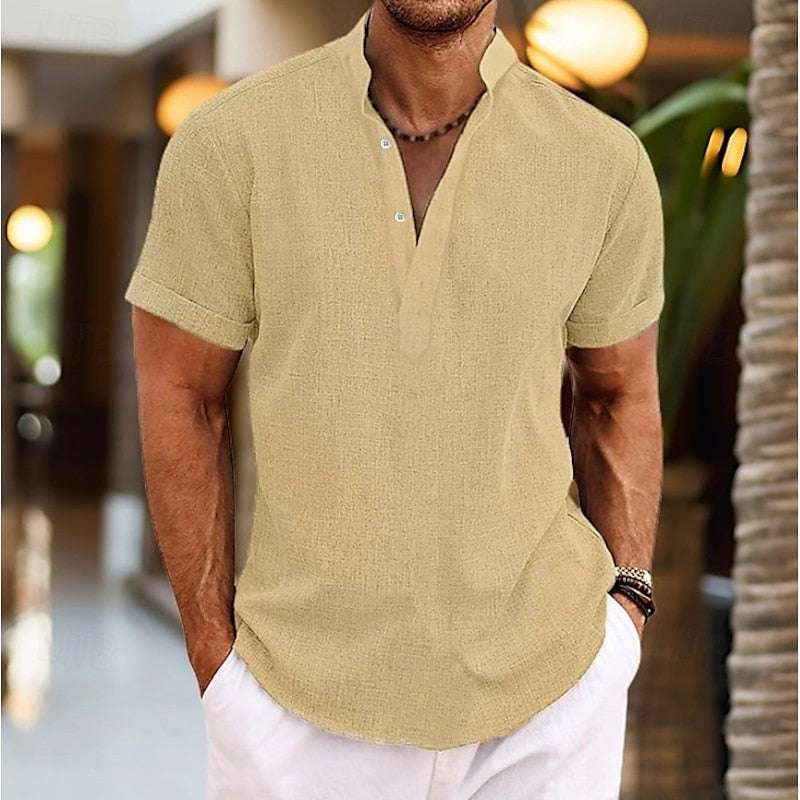 Khaki short-sleeved band collar shirt in a lightweight linen-style fabric