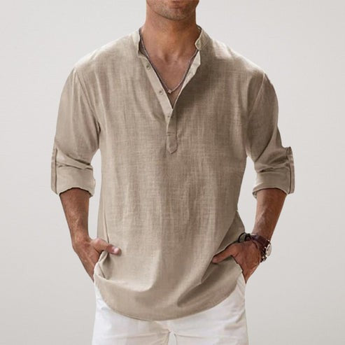 Men's beige linen grandad-collar shirt with roll-up sleeves and button placket