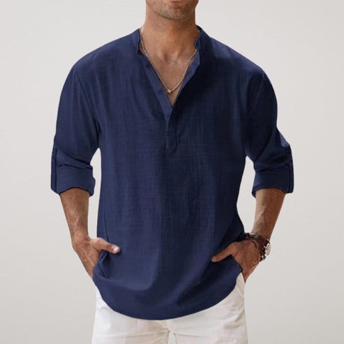 Navy linen grandad-collar shirt featuring roll-up sleeves and relaxed fit