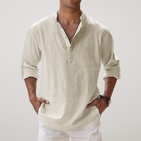Cream linen grandad-collar shirt with turned-up cuffs and button-neck detail