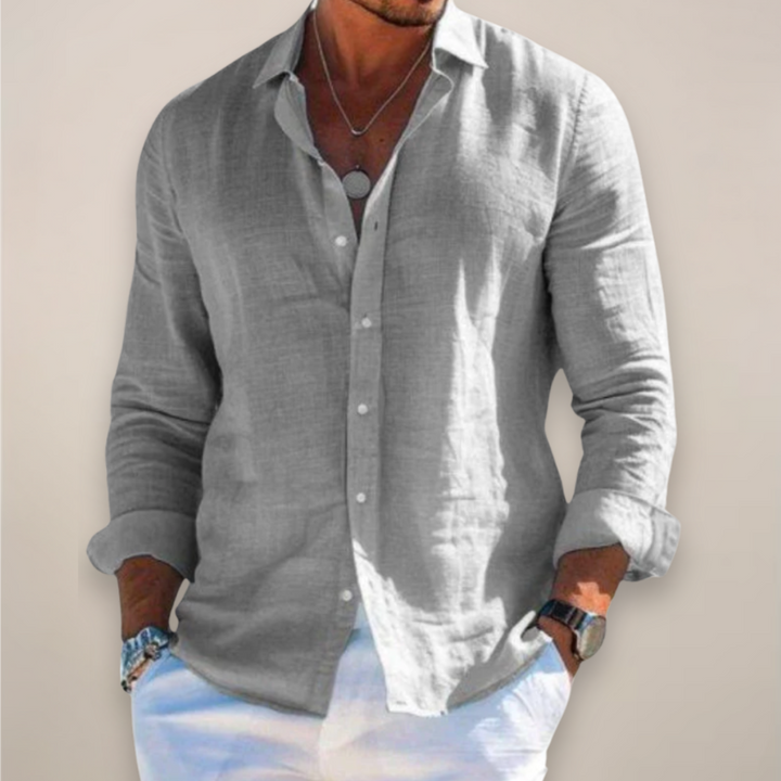 Grey linen long-sleeve shirt with button-down front and collared neckline