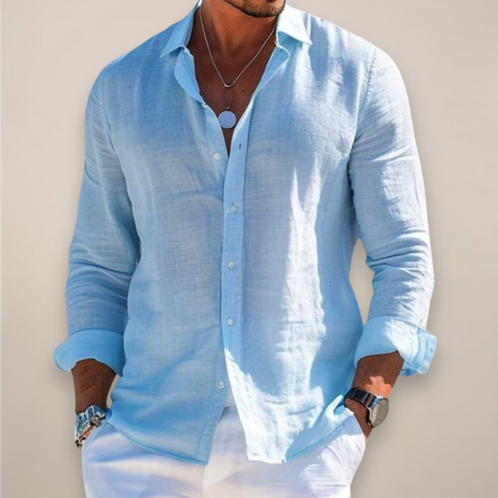 Pale blue linen long-sleeve shirt with classic collar and button placket