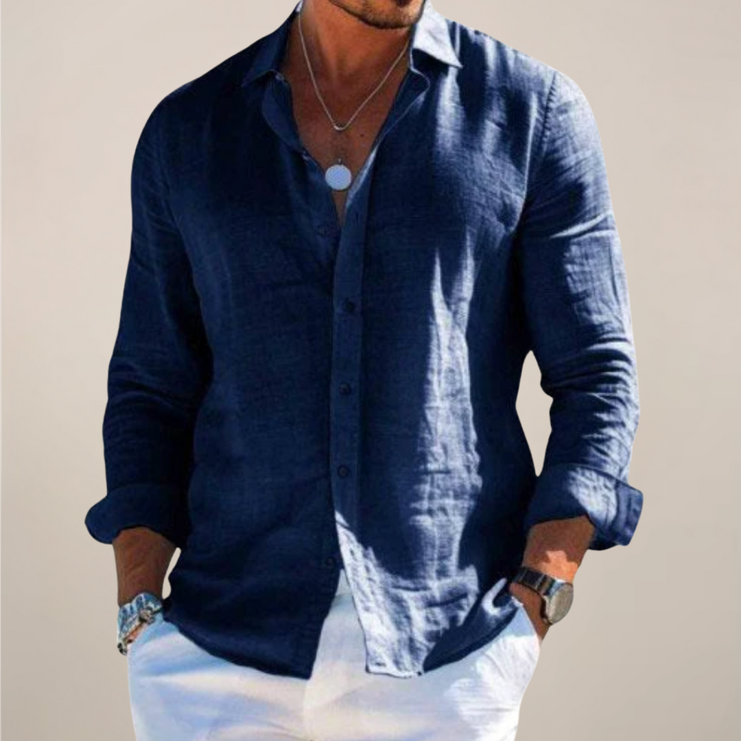 Navy linen long-sleeve shirt with button-up front and turned-up cuffs
