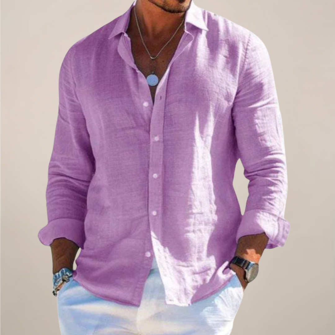 Lilac linen long-sleeve shirt with soft collar and casual button fastening