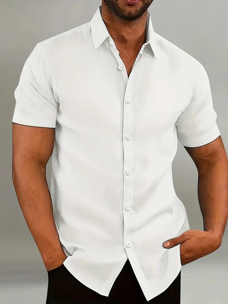 White short-sleeve casual shirt featuring a classic collar and button placket