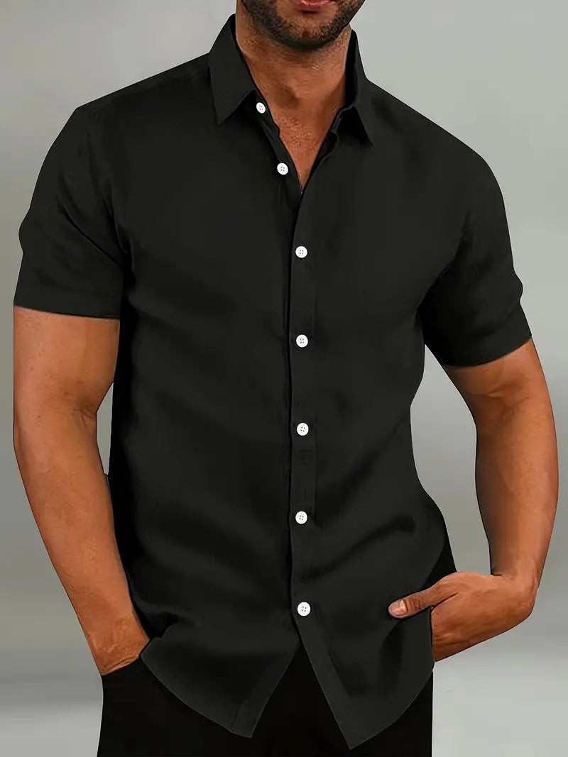 Black short-sleeve shirt with button-down front and tailored fit