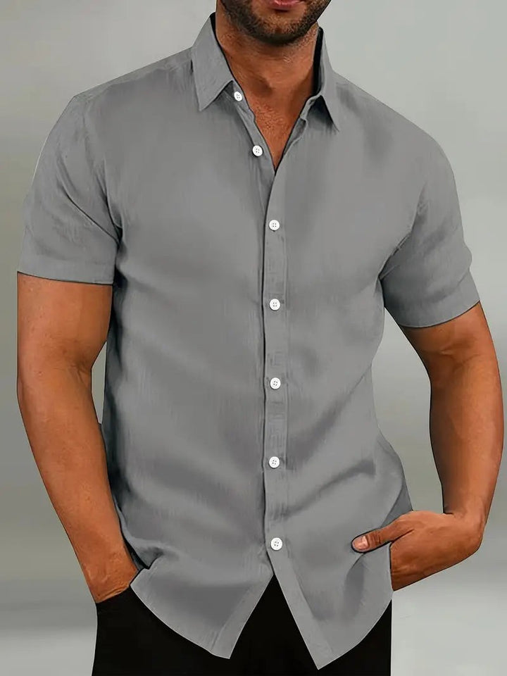 Grey short-sleeve linen-style shirt with relaxed tailored fit