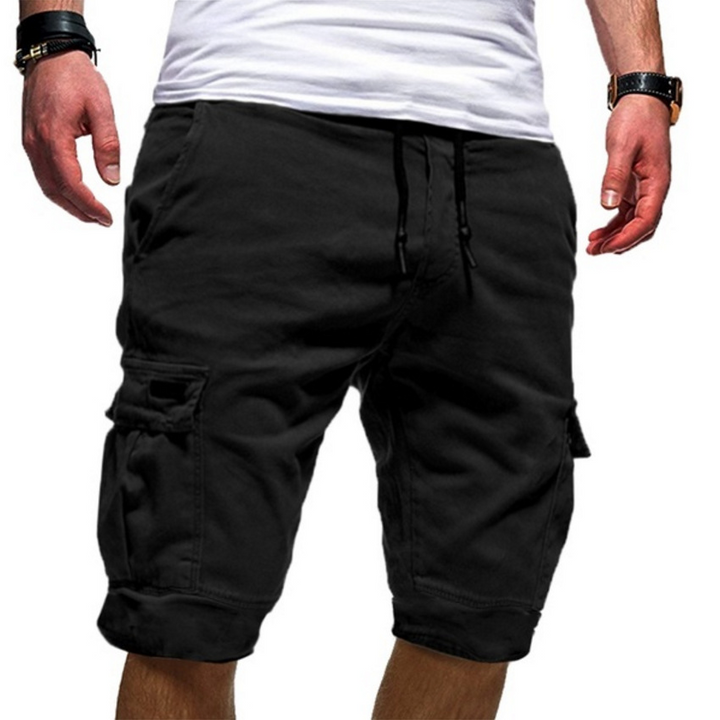 Men's black cargo shorts with drawstring waist and side pocket detailing
