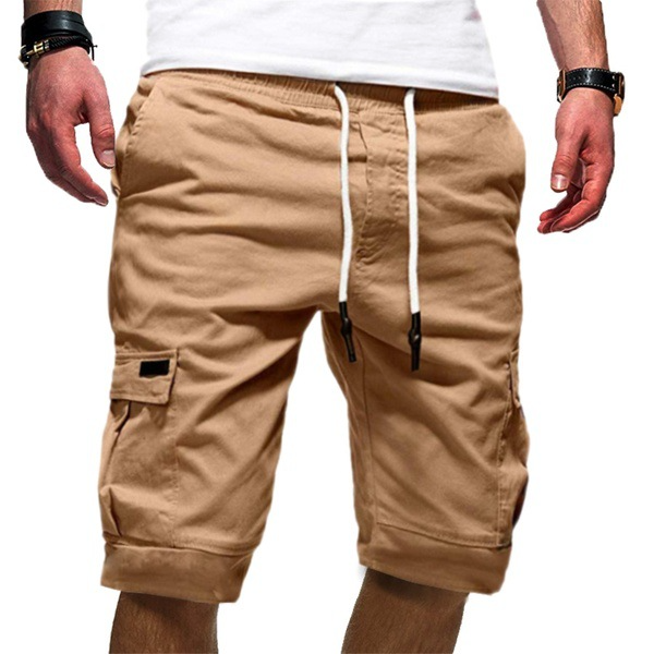 Khaki cargo shorts featuring turn-up hems and contrast drawstring cord