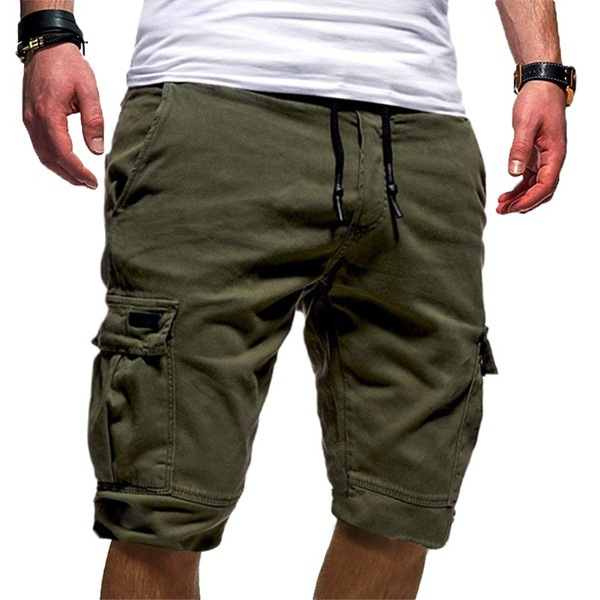 Olive green men's cargo shorts with buttoned side pockets and drawstring