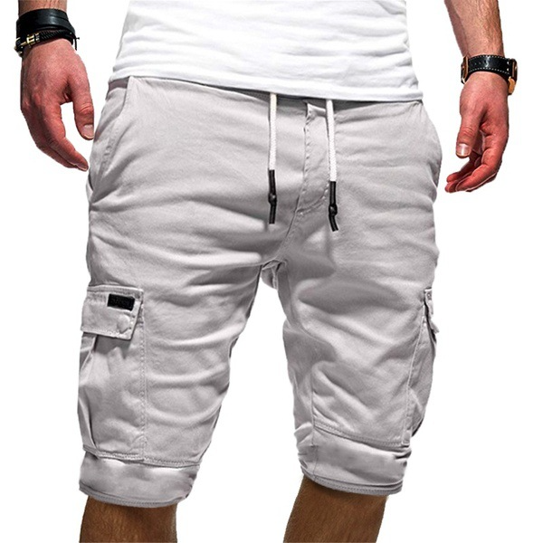 Light grey cotton cargo shorts with elasticated waist and turn-up cuffs