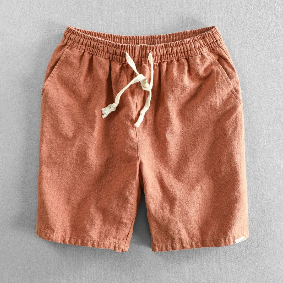 Terracotta linen shorts with elasticated drawstring waist and side pockets