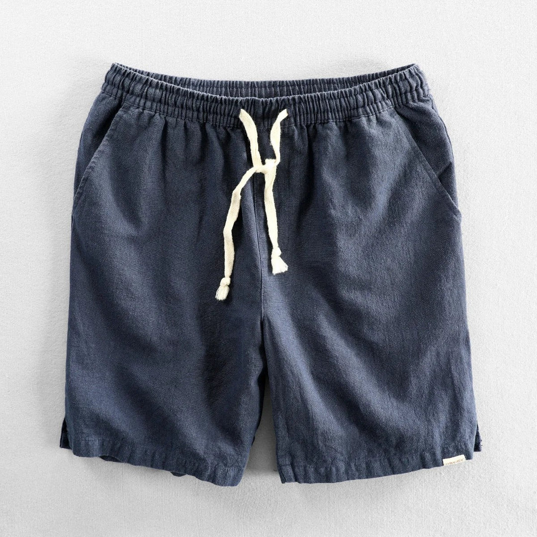 Navy linen shorts with elastic waistband and natural cotton drawstring